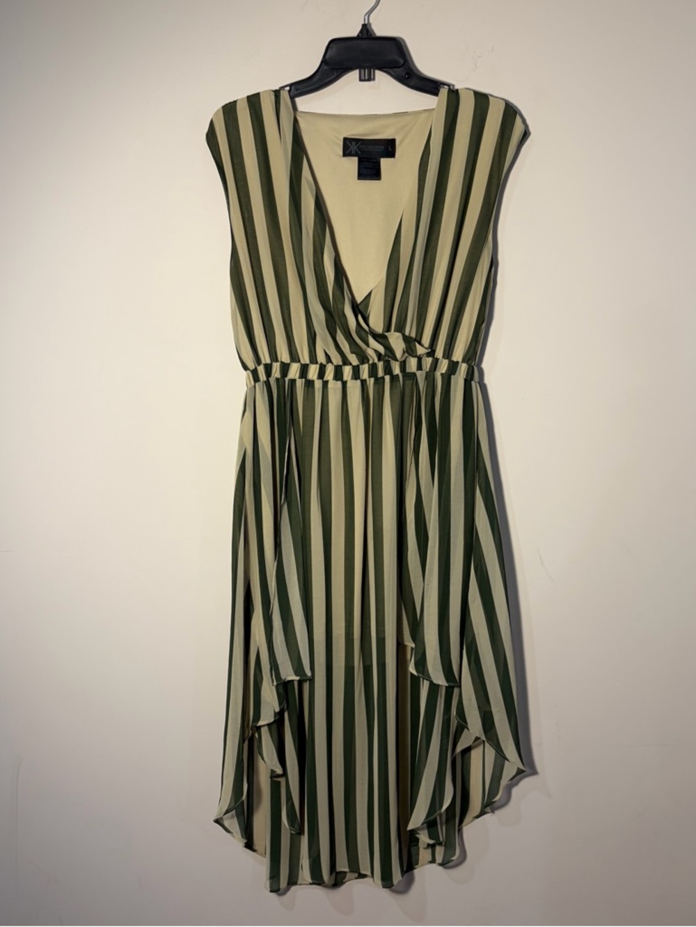 Kardashian Kollection Olive and Cream Striped High-Low Wrap Dress